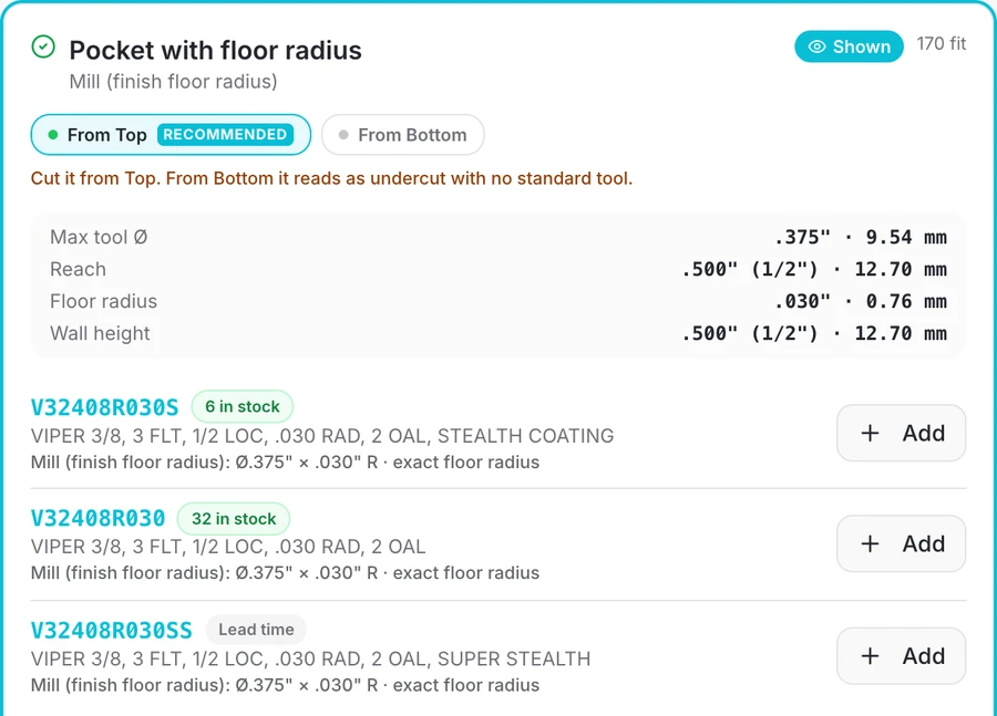 Pocket with floor radius: size limits and the Destiny tools that fit